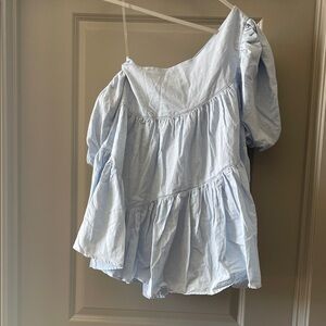 Showpo Light Blue One-Shoulder Puff Sleeve Tiered Dress